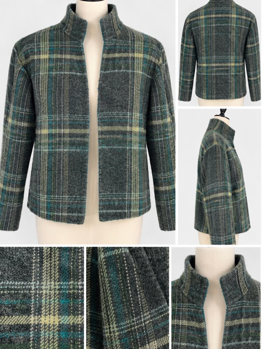 Linda Allard Ellen Tracy plaid wool-cashmere jacket in charcoal gray, teal, crea